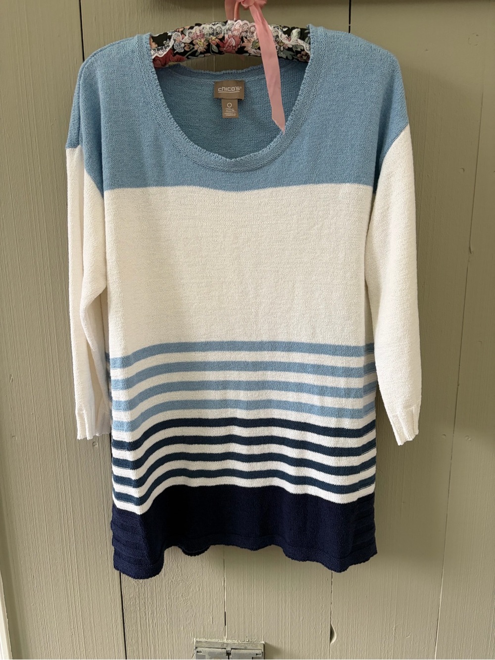 Chico's Scoopneck Striped Knit Sweater in Light Blue, White & Navy